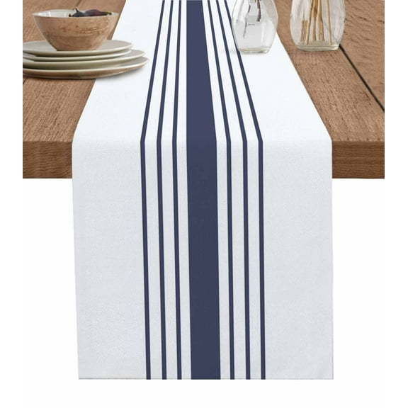 Blue Vertical Striped Table Runner 36 Inches, White Minimalist Modern Bed Runner Dresser Scarves Tabletop for Indoor Outdoor Parties/Ceremony/Banquet, 13"x 36"