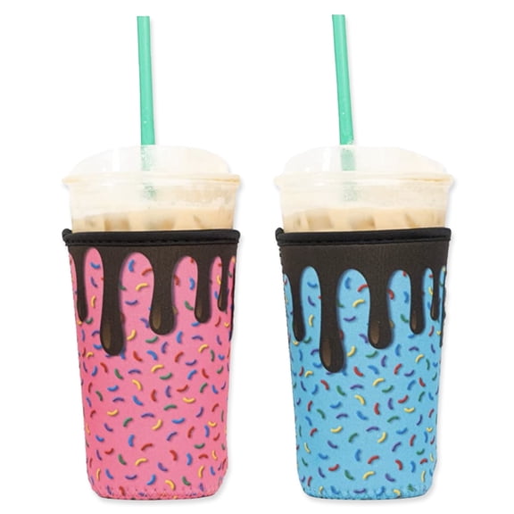 Baxendale and Co 2-Pack Medium (22-24oz) Reusable Neoprene Insulator Sleeve for Iced Coffee or Cold Beverage Cups (Pink & Blue Sprinkles Mix)