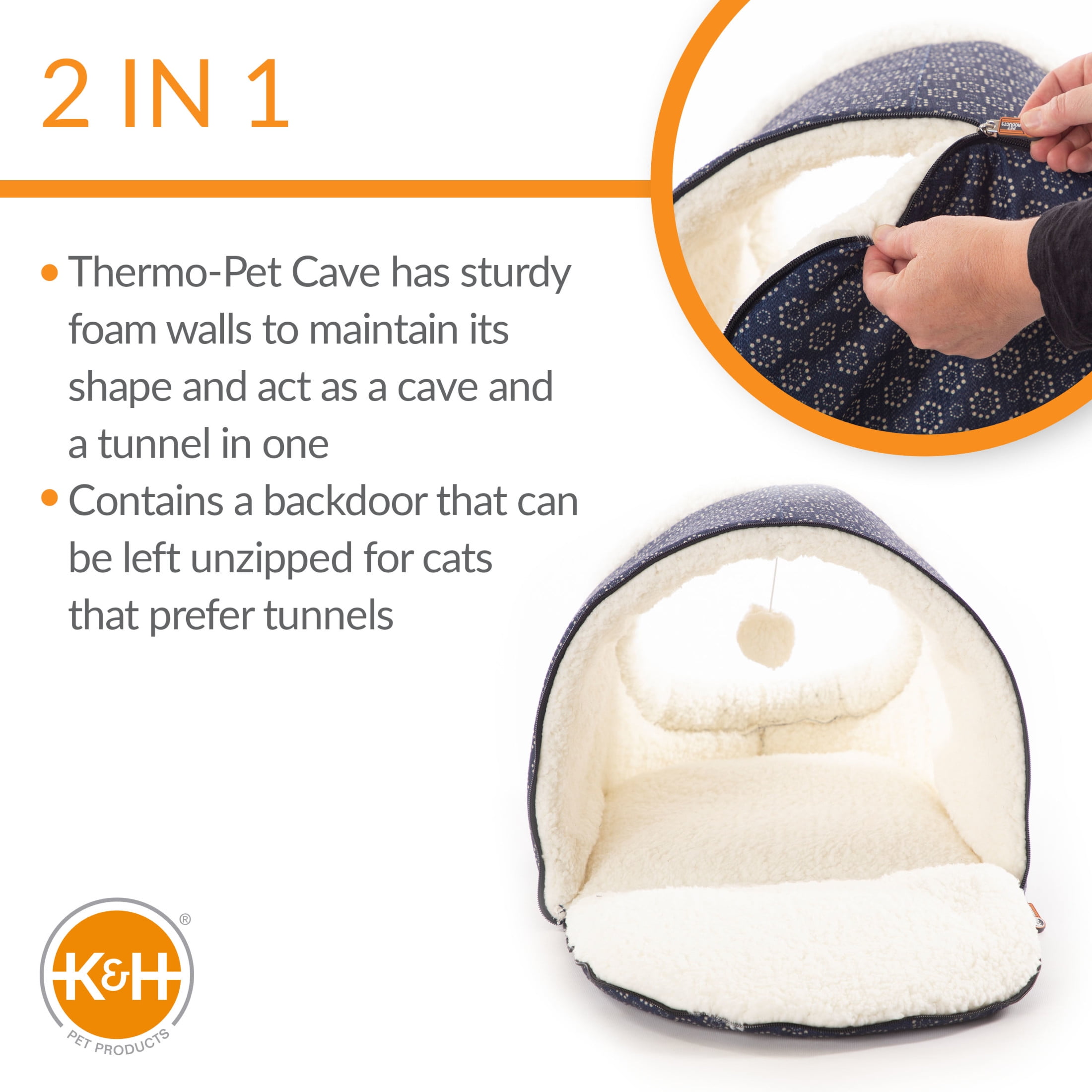 K&H Pet Products Thermo-Pet Cave Cat Bed Heated Navy/Geo Flower 17 X 15 X 13 Inches