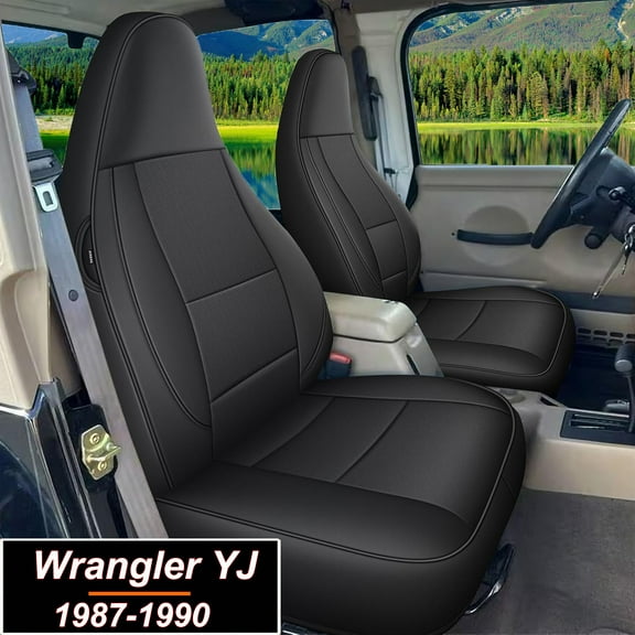 IKABEVEM Custom Fit Seat Covers for Jeep Wrangler YJ 1987-1990 Waterproof Leather Car Seats Cover Full Set（Black）