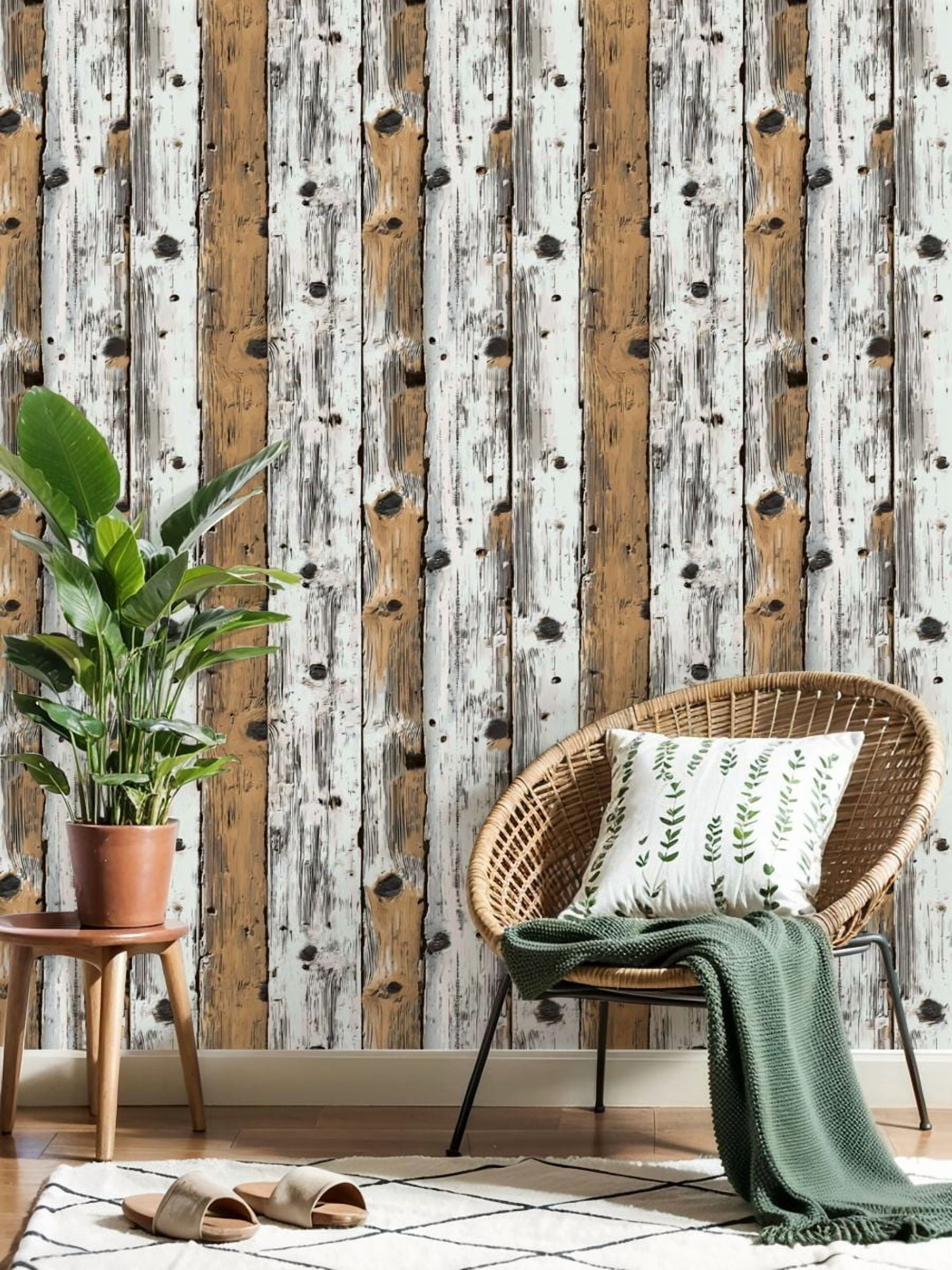Vintage Peel and Stick Wallpaper Rustic Wooden Planks White Brown Distressed Finish Wall Mural 17.7in x 9.8ft Self Adhesive Removable Wall Paper Renter Friendly Wallpaper for Bedroom Cabinets