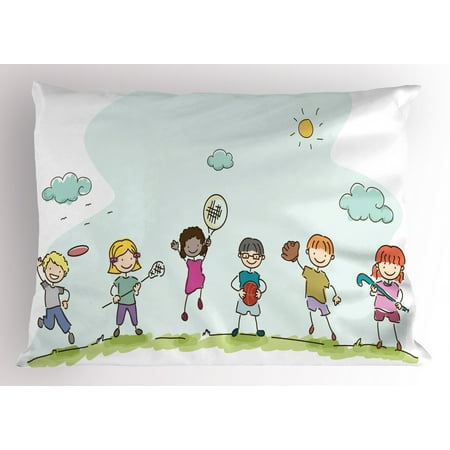 Kids Sports Pillow Sham Doodle Children Doing Different Sports In