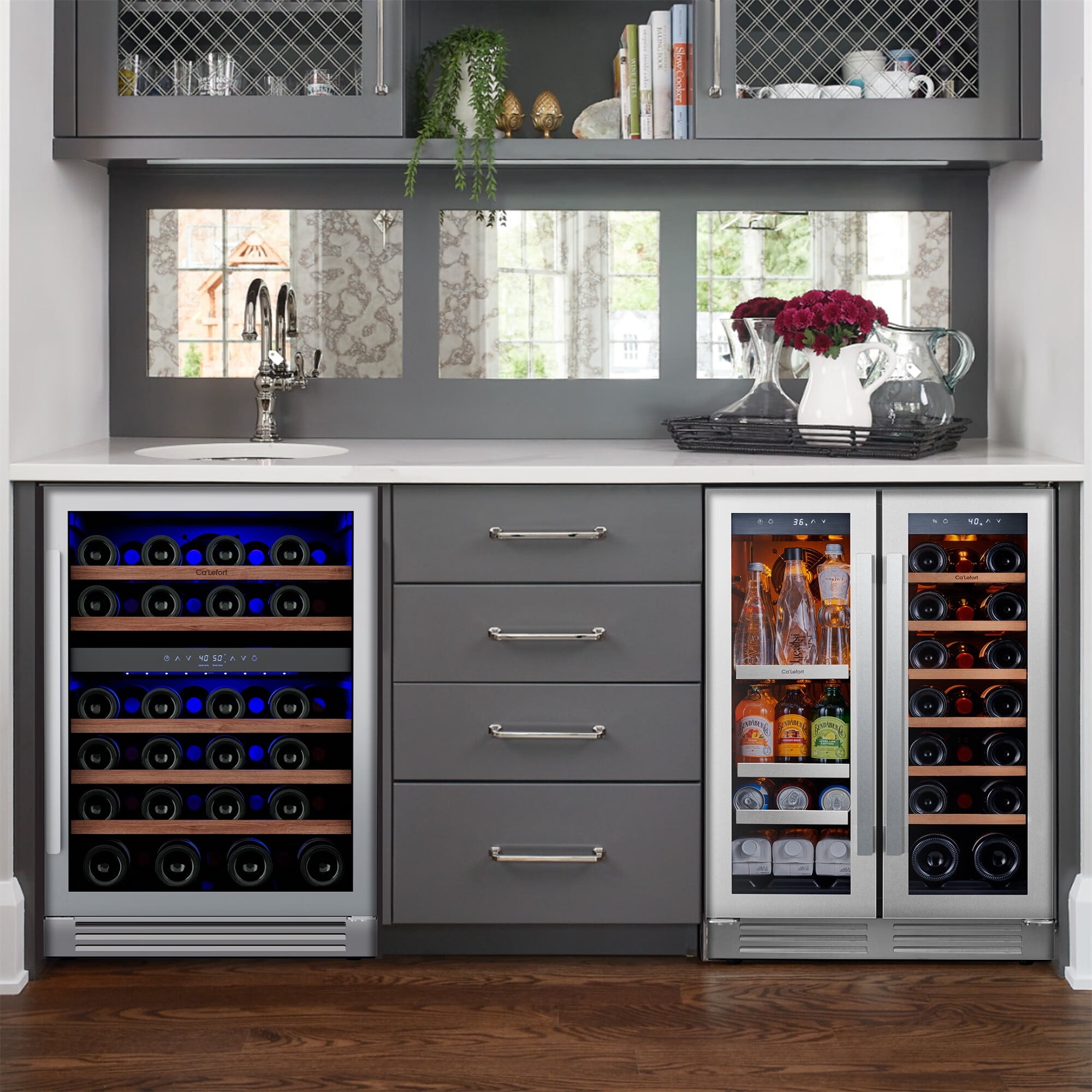 Ca'Lefort Wine Cooler Beverage Refrigerator, Hold 60 Cans and 74 Bottles Dual Zone Wine Fridge Freestanding & Built-in with Stainless Steel frame for Kitchen Office