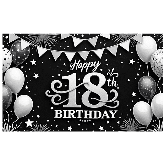 Black and White Theme Happy Birthday Banner Decorative Balloons 18th Birthday Banner Polyester Material Milestone Celebration for Birthday Party Teen Celebration Indoor Decoration