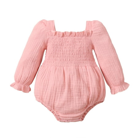 

Musuos Girl Solid Color Romper Toddler Square Collar One Piece Chest Pleated Clothes Ruffled Cuffs Crotch Snaps Jumpsuit