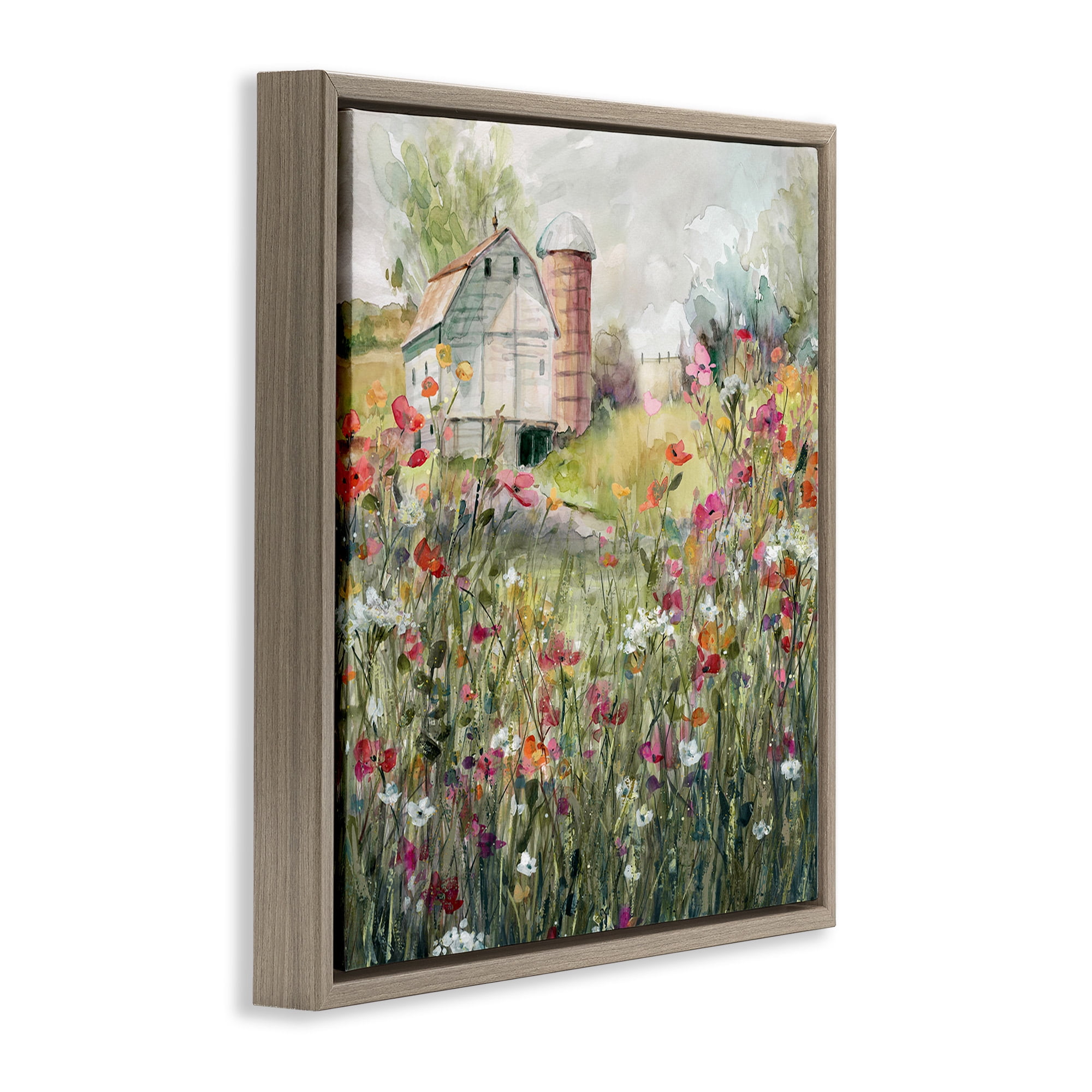 Stupell Industries Vibrant Meadow & Barn Botanical & Floral Painting Brown Floater Framed Canvas Art Print Wall Art, 18 x 18