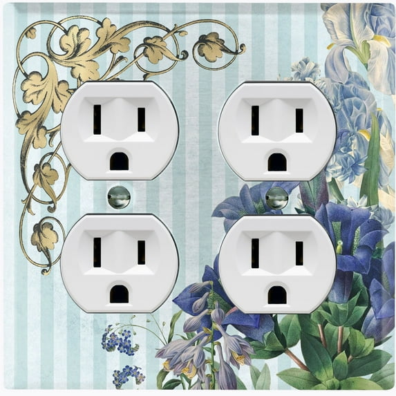 Metal Light Switch Plate Outlet Cover Elegant Blue Floral Striped Damask FLW069