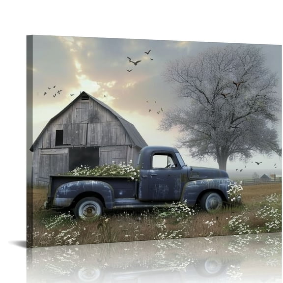Nawypu Farmhouse Old Truck Canvas Wall Art, Old Barn Pictures Wall Art, Country Vintage Pickup Truck Canvas Prints, Blue Truck With White Petunias Art Prints for Country Farmhouse Decor