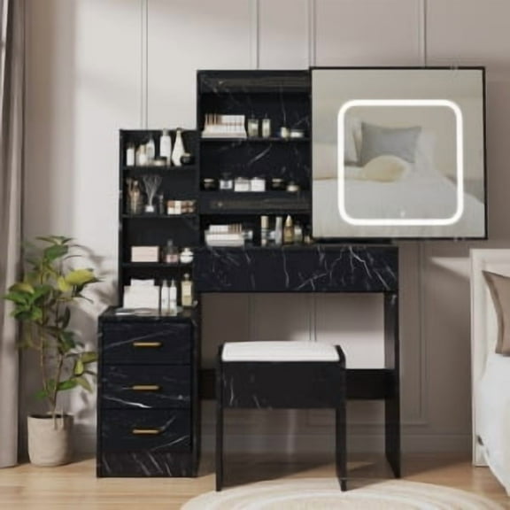 TEQIN Vanity Desk with Mirror and LED Lights,Makeup Vanity with Drawers for Bedroom,Dressing Table With Power Outlet, 3 Color Adjustable Light, Storage Shelves & Stool for Bedroom