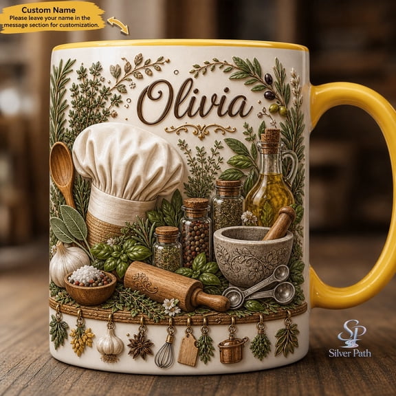 Accent Mug Personalized Chef and Herbs Ceramic Coffee Cup for Kitchen Counter Gift for Home Chefs