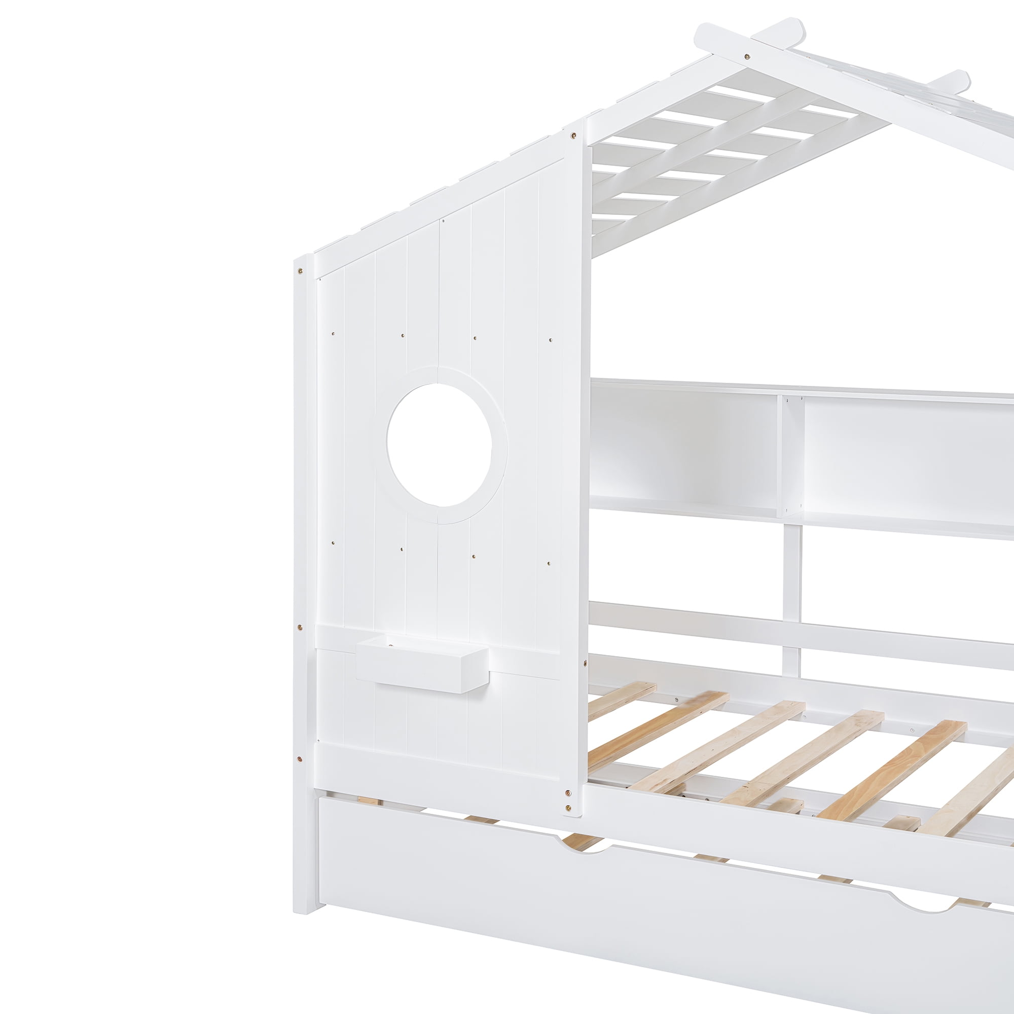 Kumix Platform Bed with Trundle, Wooden Twin Size Platform Bed Modern Design with Storage Shelf, House Roof and Window with Storage Box, No Box Spring Needed, Easy Assembly, White