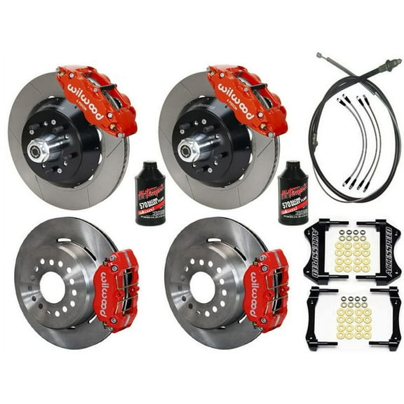 WILWOOD SL6R 13 FRONT & DYNAPRO 12 REAR BIG BRAKE KIT COMBO WITH FREE PARKING BRAKE CABLE, BRAKE LINES, BRAKE FLUID, SLOTTED ROTORS & RED CALIPERS - For 1968-1970 MUSTANG with 2.50 REAR