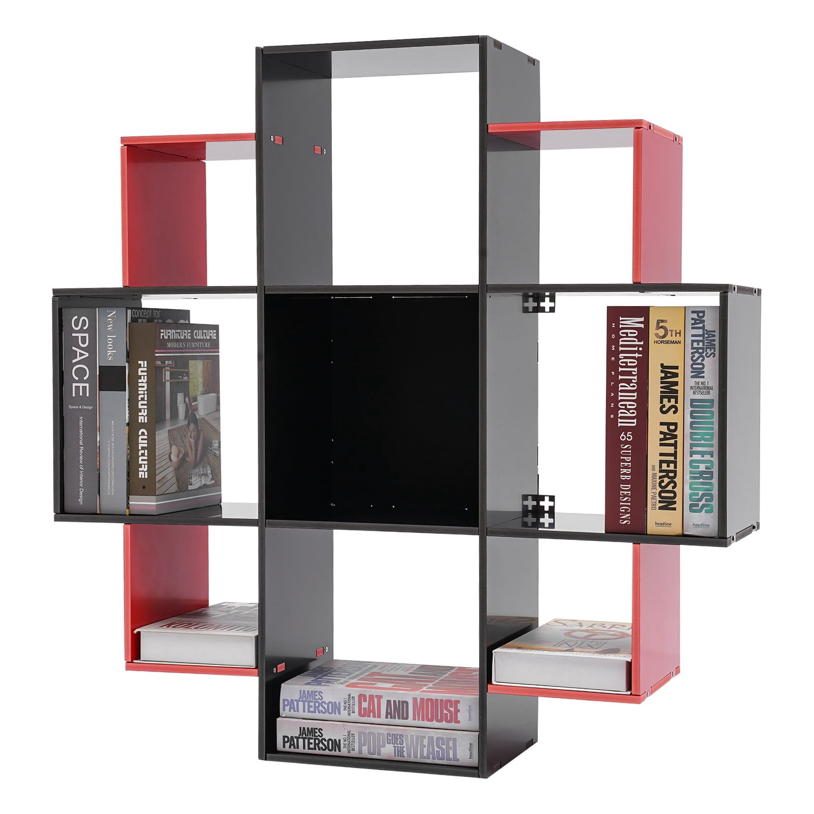 3-Tier Bookcase Wall Mounted Book Shelf Modern Floating Shelf Bookcase with 9 Compartments, Floating Cube Shelves, for Study, Office, Kitchen, Bedroom, and Living Room (Red&Black)