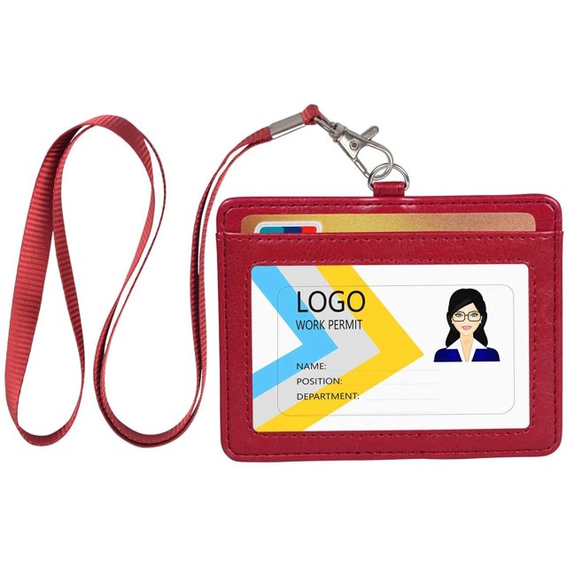 Porta credencial de identificación, porta credencial de identificación horizontal de cuero sintético con 1 ventana de identificación transparente, 1 ranura para tarjeta de crédito y cordón de cuello
