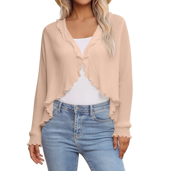 Trgacdwlo Women's Ruffled Trim Textured Chiffon Cardigan Long Sleeve Open Front Cropped Shrug Lightweight Sheer Casual Cover Up for Workout Air Condition Shield