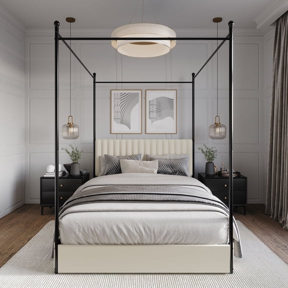 Home Design Passaic Full Upholstered Metal Storage Canopy Bed Frame with Vertical-Channel Tufted Headboard and Four Under-Bed Drawers, Beige, Easy Assembly