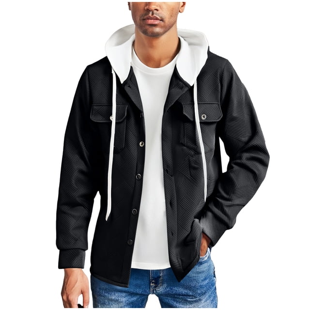LIaqionyy Men's Jacket Long Sleeve Button down Jackets Hoodie Shacket Casual Fall Winter Work Tops with Pocket