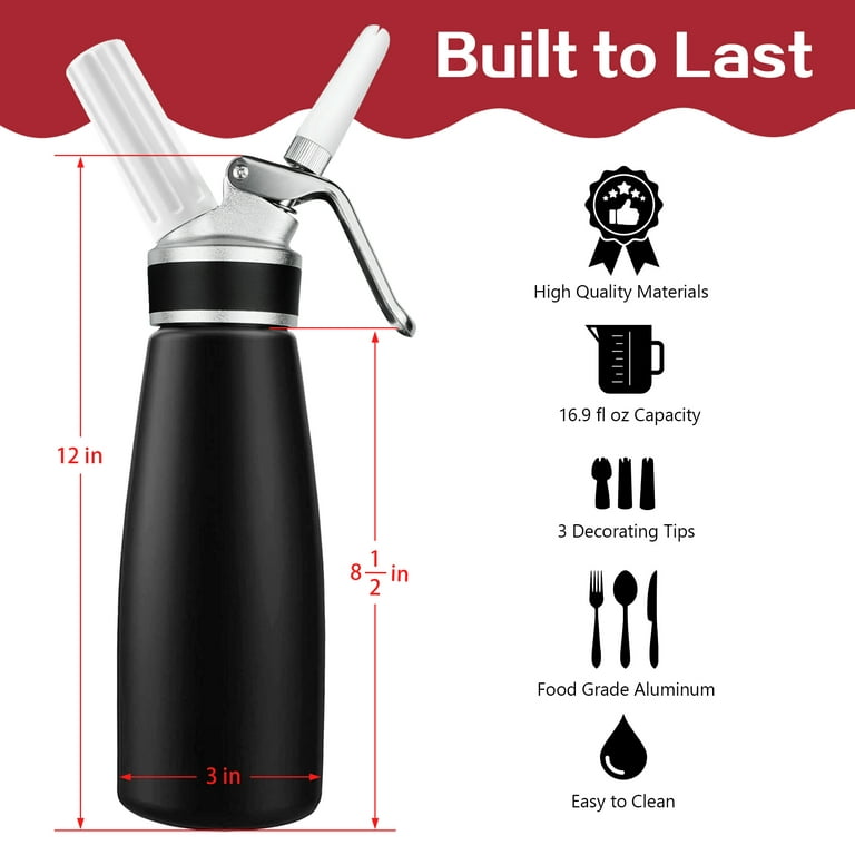 Professional Whipped Cream Dispenser, Durable Aluminum Cream Whipper, 1  Pint / 500 mL Homemade Cream Maker, With 3 Cooking Decoration Nozzles and