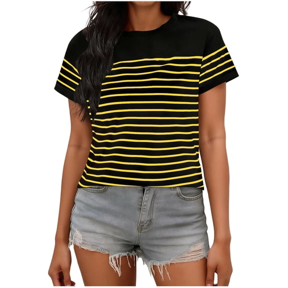 Lenpel T Shirts for Women Short Sleeve Crew Neck Striped T-Shirts Loose Tunic Tops Trendy Casual Tee Blouses