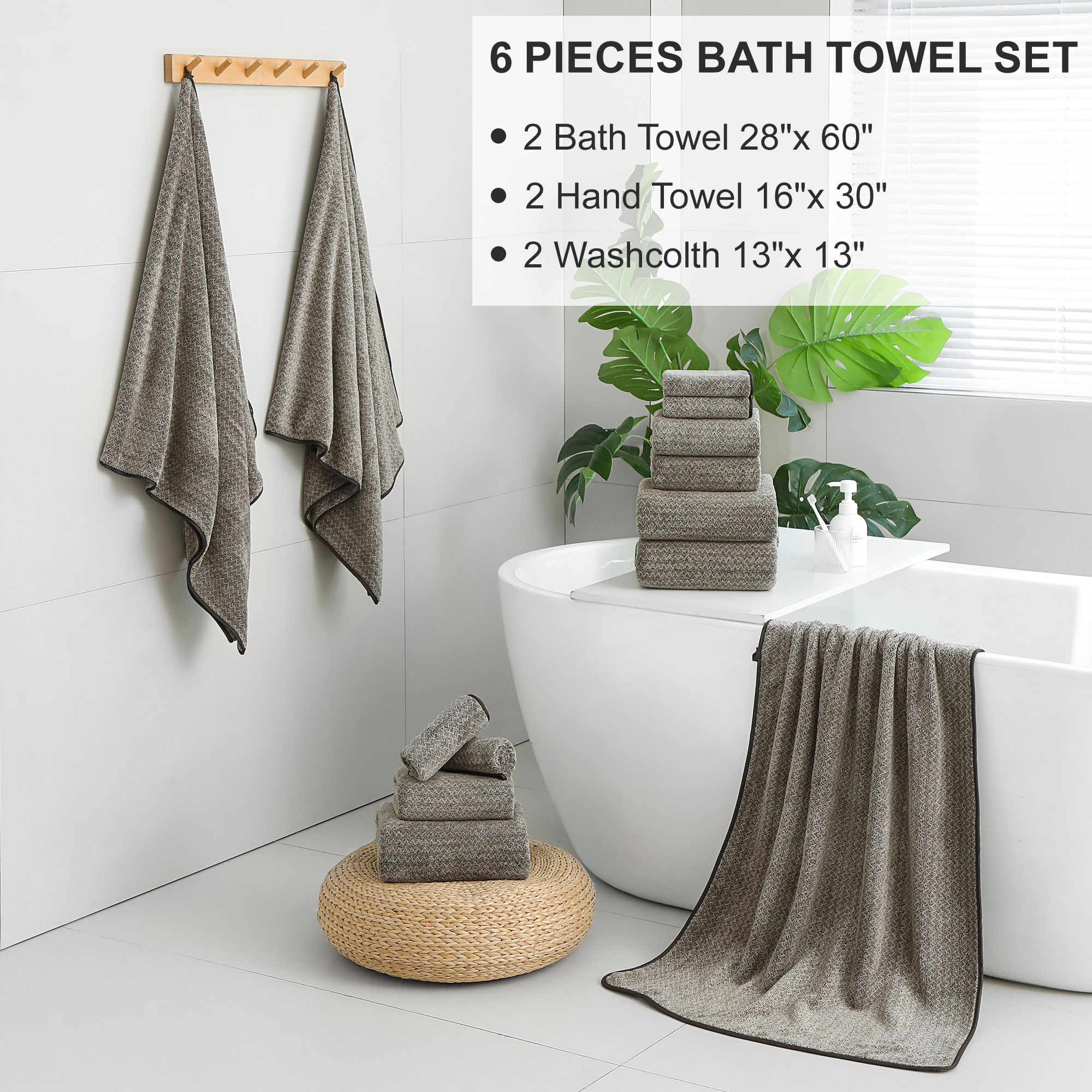 Smuge 6 Piece Dark Coffee Bath Towel Set, 2 Bath Towels, 2 Hand Towels, 2 Washcloths, Soft Microfiber Shower Towel for Bathroom