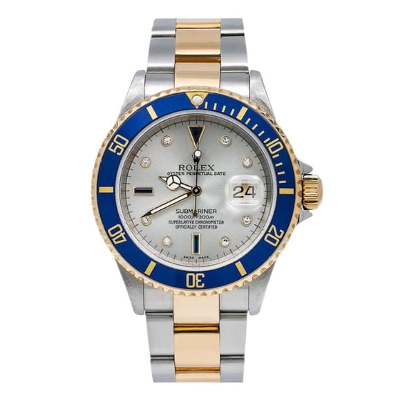Pre-Owned Rolex Submariner Date 40MM 16613 Silver Diamond Dial Blue Ceramic Bezel Two Tone Yellow Gold Oyster Bracelet