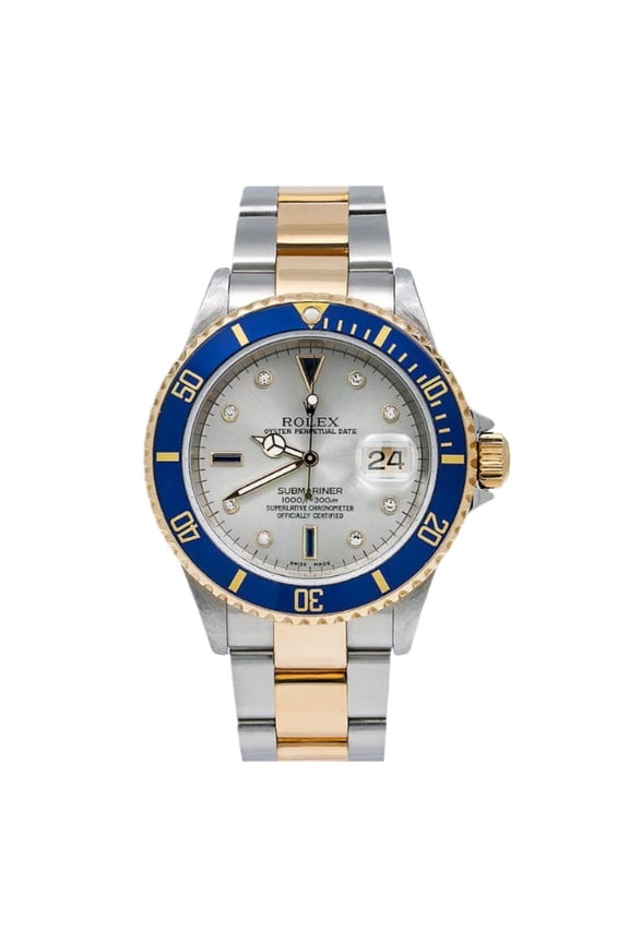 Pre-Owned Rolex Submariner Date 40MM 16613 Silver Diamond Dial Blue Ceramic Bezel Two Tone Yellow Gold Oyster Bracelet