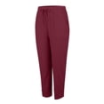 thumbnail image 6 of Women's Stacked V Hem Trousers, High Waist Casual Slub Cotton Pants with Elastic Waistband, Relaxed Fit Long Pants for Daily Wear, Vacation and Loungewear Wine L, 6 of 9