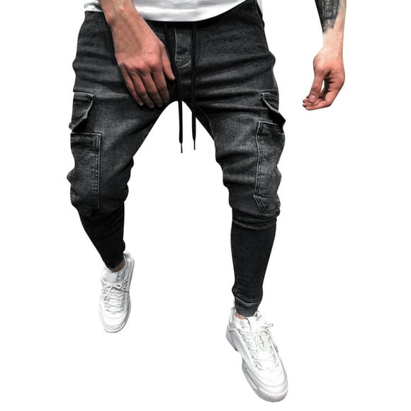 toraway Cargo Pants for Men Black Baggy Mens Fashion Casual Pocket Drawstring Waist Solid Color Slim Toe Jeans Pants S