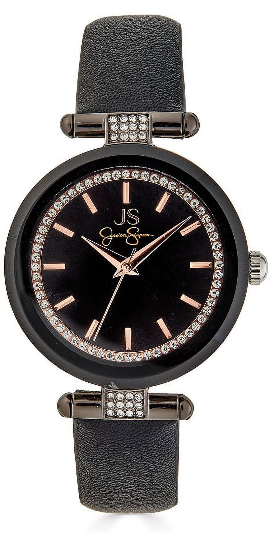 Jessica Simpson 36mm Gunmetal Tone Crystal Accent Mettalized Bezel Black Strap Ladies Watch