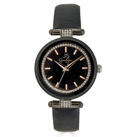 Jessica Simpson 36mm Gunmetal Tone Crystal Accent Mettalized Bezel Black Strap Ladies Watch