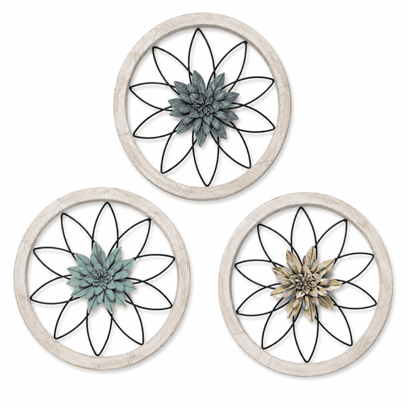 Round Farmhouse Wall Decor with 3 Interchangeable Flowers, 12" Wood and Metal Rustic Wall Art 3-Piece