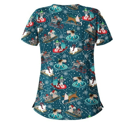 

Capreze Women Uniform Tee V Neck Christmas Scrub Tops Short Sleeve Xmas Scrubs Shirts Casual Nurse T-shirt Snowman Print Navy Blue XL