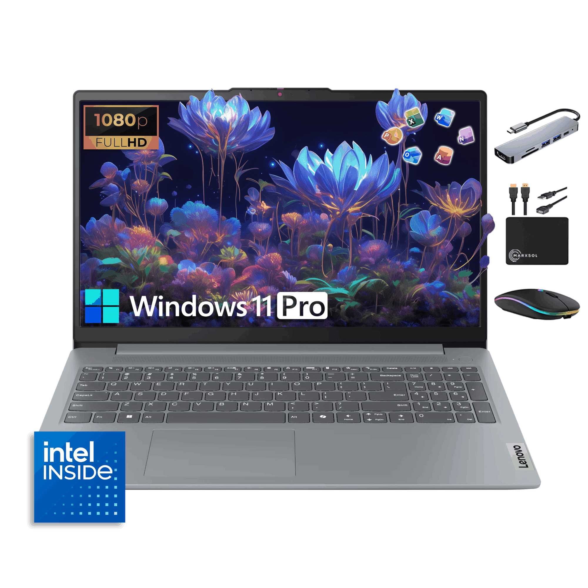 2026 Lenovo IdeaPad Slim 3i 15.6" FHD Laptop, Intel N150, 8GB RAM & 628GB Storage (128GB UFS + 500GB Ext), MS Office Suite for Business & Student, Win 11 Pro, Wi-Fi 6, MarxsolAccessory