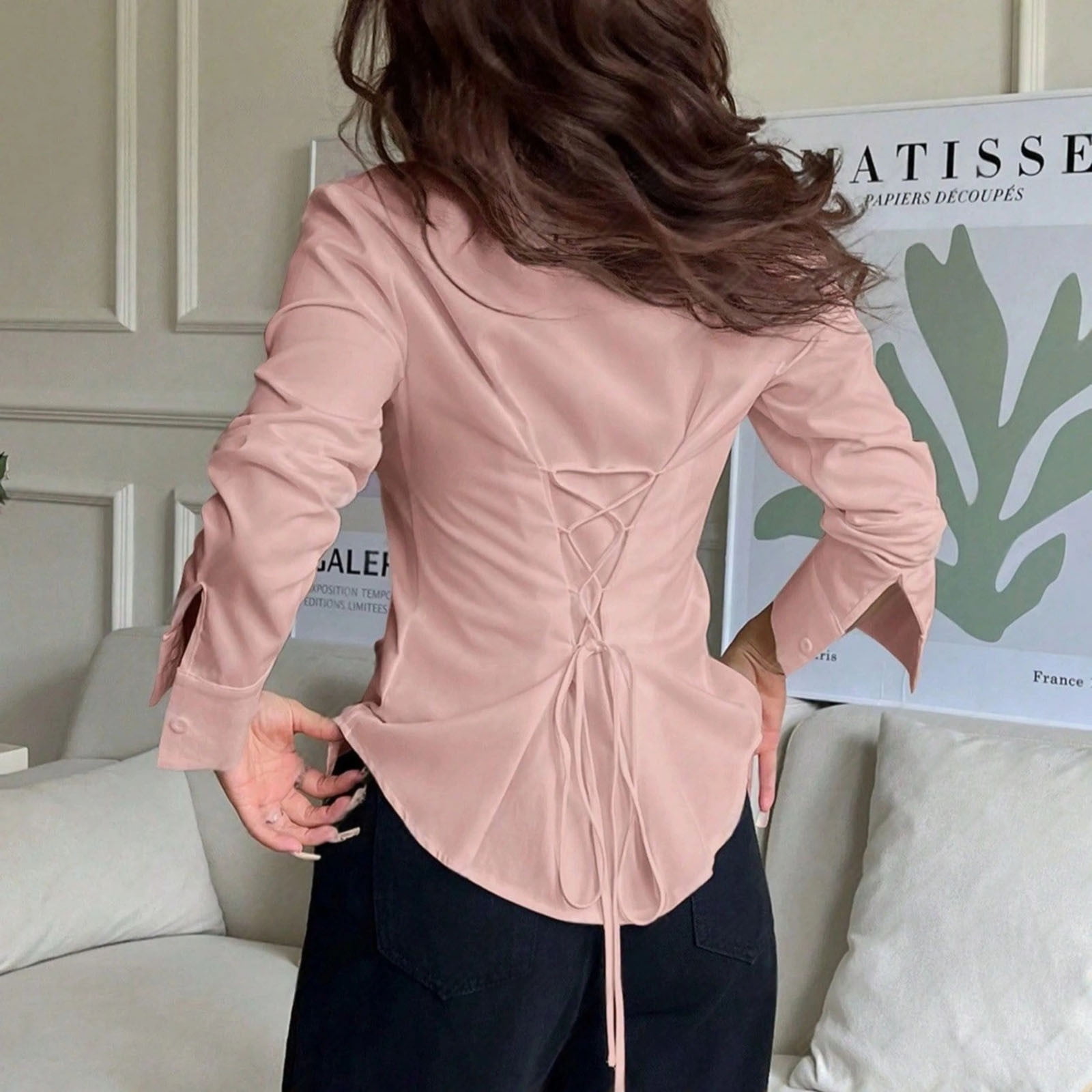 Long Sleeve Shirts for Women, Women's Long Bell Sleeve Button Down Shirt Lace Up Back Princess Line Lapel Top