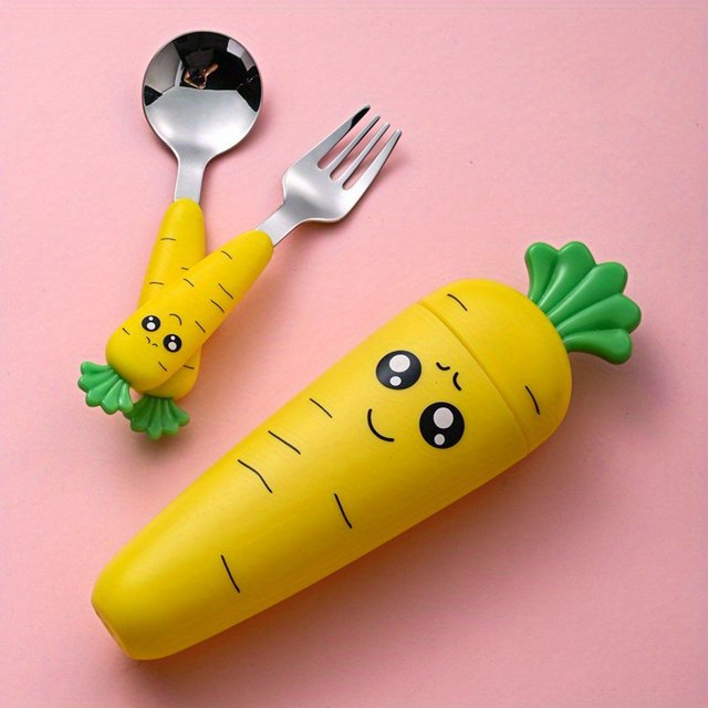 1 Pce/1Ensemble Vaisselle Créative Carotte Dessin Animé, Fourchette Cuillère pour Enfants avec Poignée, Vaisselle Portable pour Enfants, pour Tout-Petits Enfants