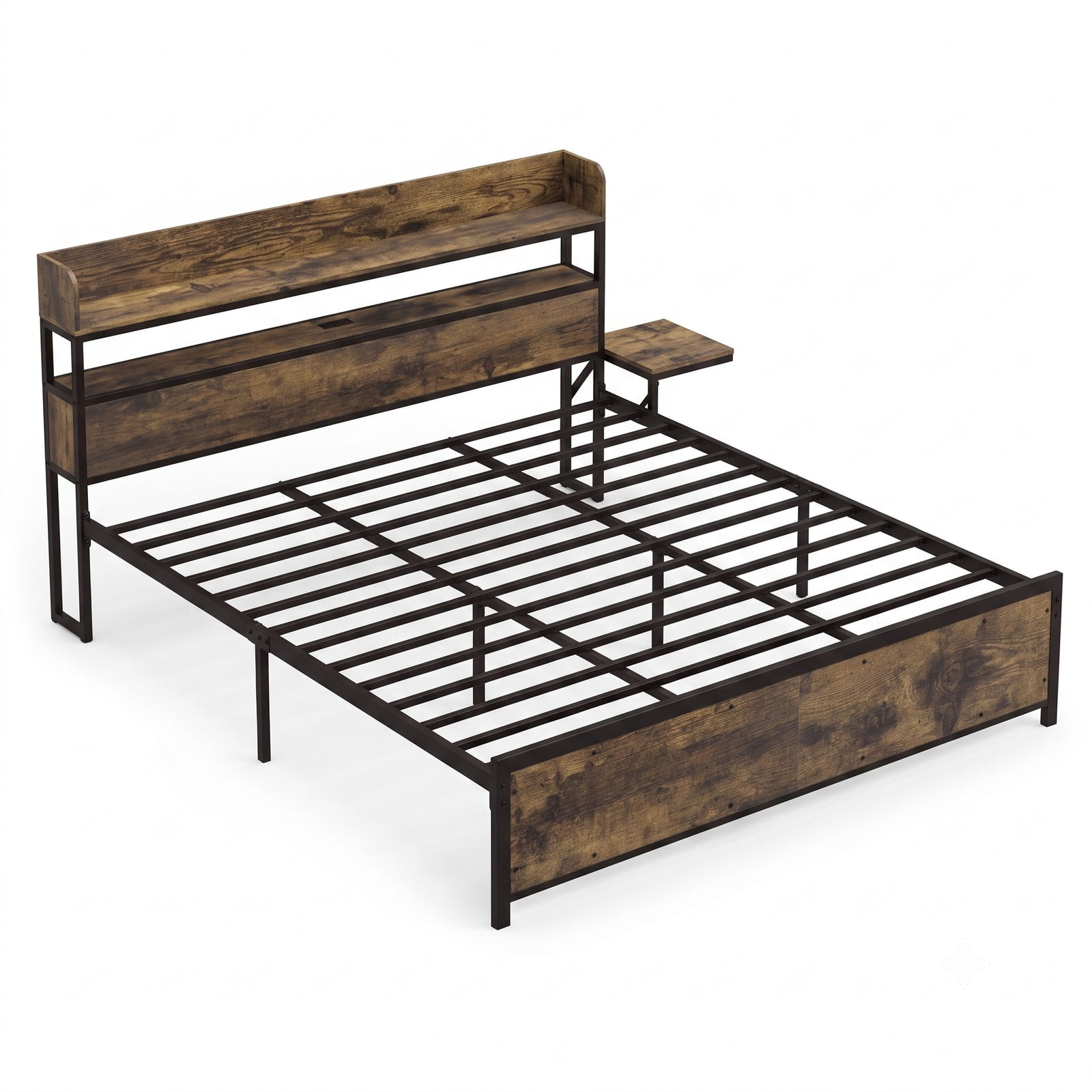 Furnibear King Size Bed Frame with Storage Headboard, LED Platform Bed Frame with Power Outlets and USB Ports, No Box Spring Needed, Rustic Brown