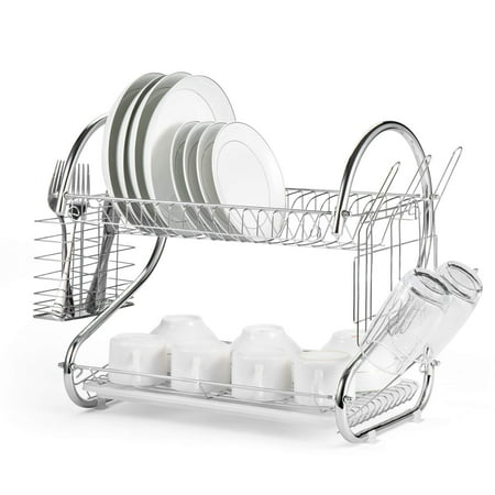 2 Tier Dish Rack with Utensil Holder, Dish Drying Rack, Cup Holder and Dish Drainer for Kitchen Counter Top, Plated Chrome Dish Dryer (Best Dish Drainer Countertop)