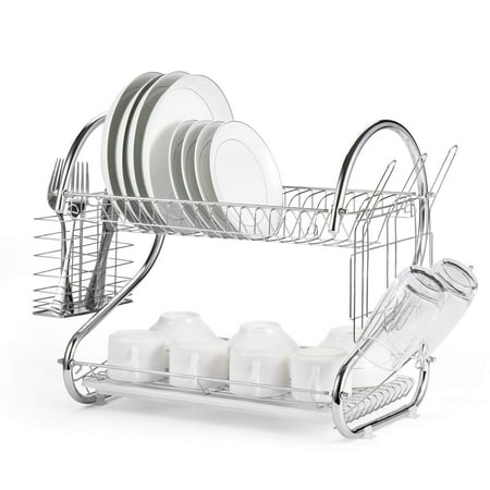 2 Tier Dish Rack with Utensil Holder, Dish Drying Rack, Cup Holder and Dish Drainer for Kitchen Counter Top, Plated Chrome Dish Dryer Silver
