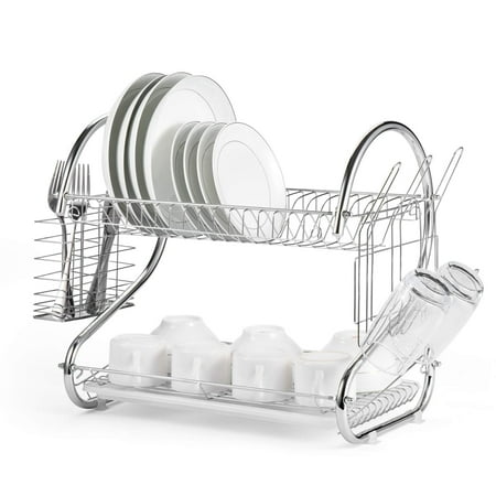 2 Tier Dish Rack with Utensil Holder, Dish Drying Rack, Cup Holder and Dish Drainer for Kitchen Counter Top, Plated Chrome Dish Dryer