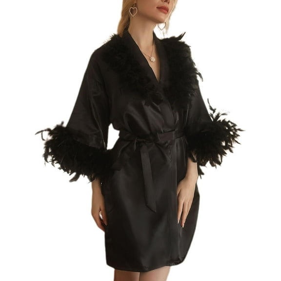 Defitshape Women's Satin Robe Summer Bridesmaid Soft Bridal Silky Luxury Feather Silk Robe Comfy Bathrobe Black X-Small