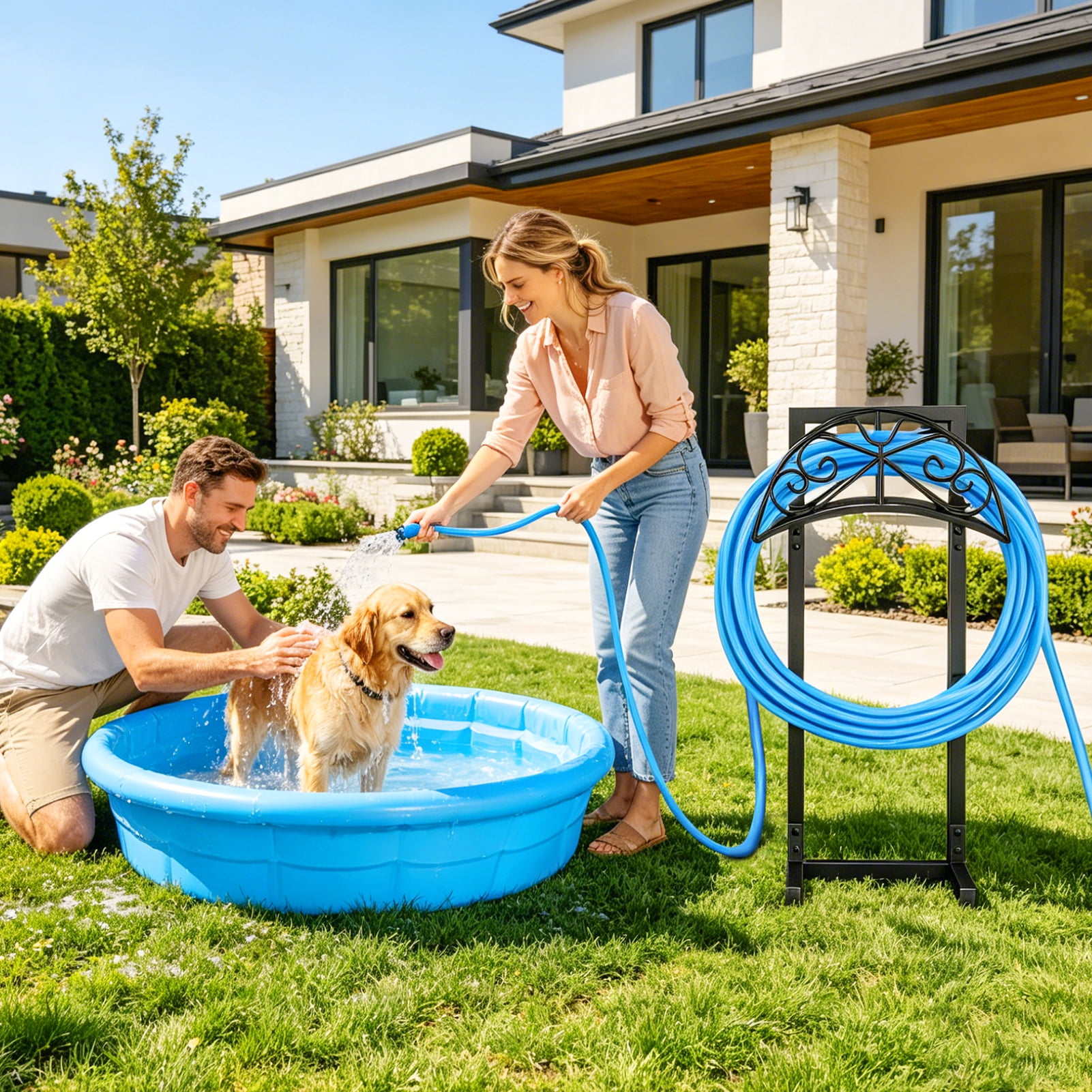 Garden Hose Holder with 4 Spikes Metal Hose Reels for Outside Holds 160 FT Hose, Heavy-Duty Waterhose Holder for Lawn Yard Farm, Black