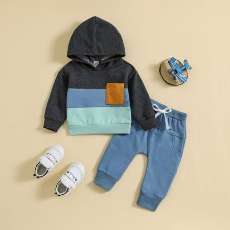 

Toddler Boys Outfit Sets Long Sleeve Patchwork Colour Hooded T Shirt Pullover Tops Pants Suit