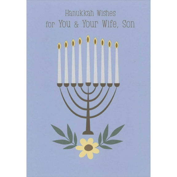 Designer Greetings Menorah and Single Yellow Flower on Light Blue Hanukkah Card for Son and Wife