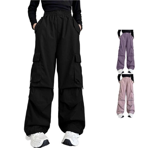 RUTAYY Girls Cargo Pants Elastic Waist Multi Pockets Drawstring Hem Trousers Outdoor Casual Wear Black