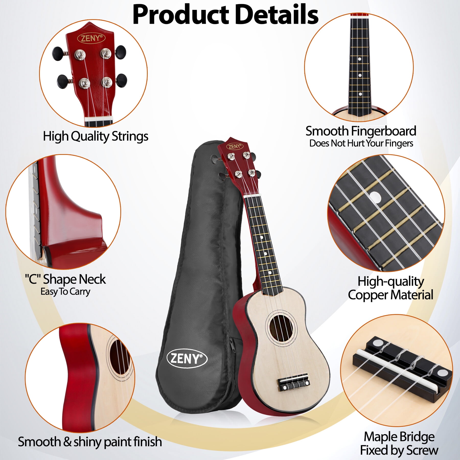 ZENY 21" Beginners Acoustic Ukulele With Gig Bag, Strap, Tuner and Pick