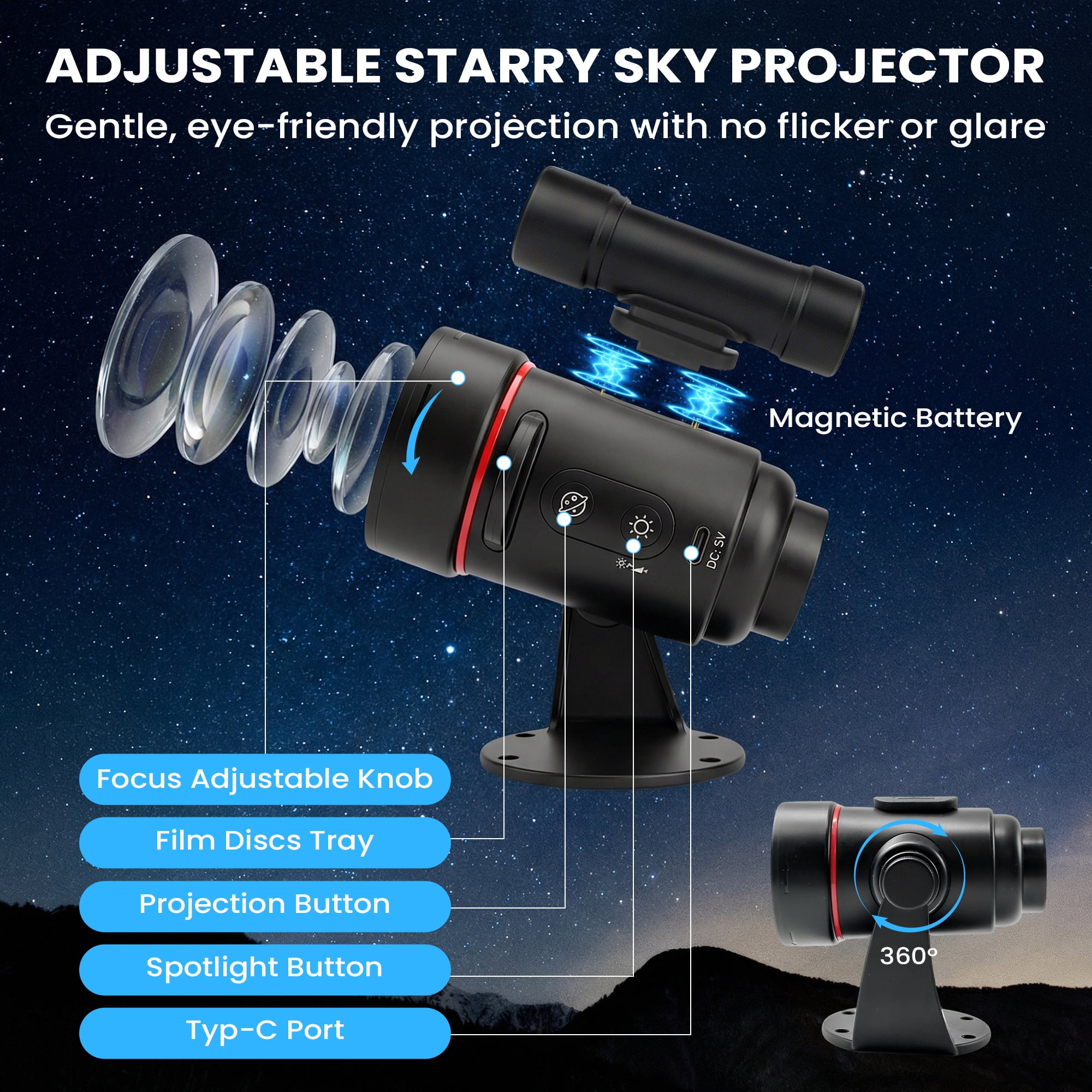 DAYBETTER 2-in-1 HD Planetarium LED Projector, Rechargeable Galaxy Light Projector with Dimmable Night Light for Kids, Room Decor