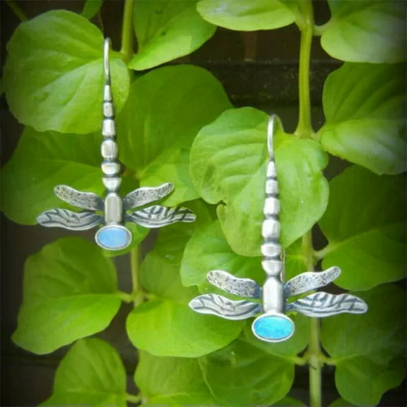 K-KED Vintage Silver Dragonfly Moonstone Hook Dangle Earrings For Womens Party Jewelry-Light Blue