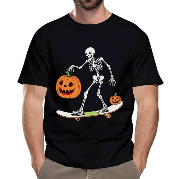 Halloween Skeleton T-Shirt Pumpkin Graphic with Short Sleeve | Crewneck 100% Cotton Soft Graphic Print Unisex Tee, Black, Size S