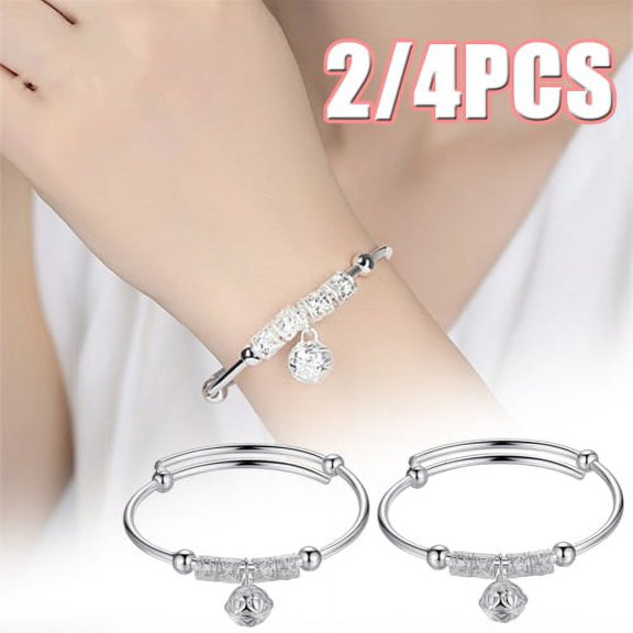 Zhaomeidaxi 2/4pcs Womens Simple Sterling Silver Circle Beads Bangle Bracelet Transfer Lucky Beads Bracelet Carved Bracelet for Valentine Day