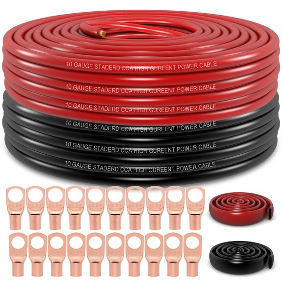 10 Gauge Wire (100ft Each- Black/Red) Copper Clad Aluminum CCA,20 pcs Lugs Terminal Connectors with 3:1 Heat Shrink Tube for Power/Auto,Amp